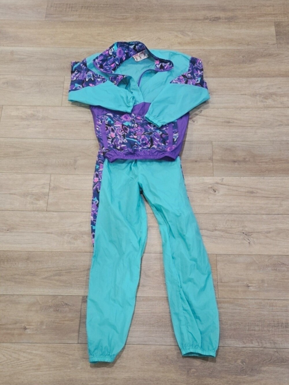 Vintage 80's Teal & Purple Women's Tracksuit/Windbreaker Jacket and Pants